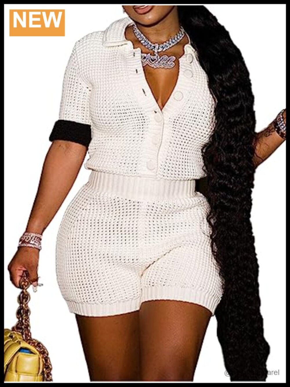 Women's 2 Piece Crochet Short Set Knitted Button Shirt & High Waist Shorts